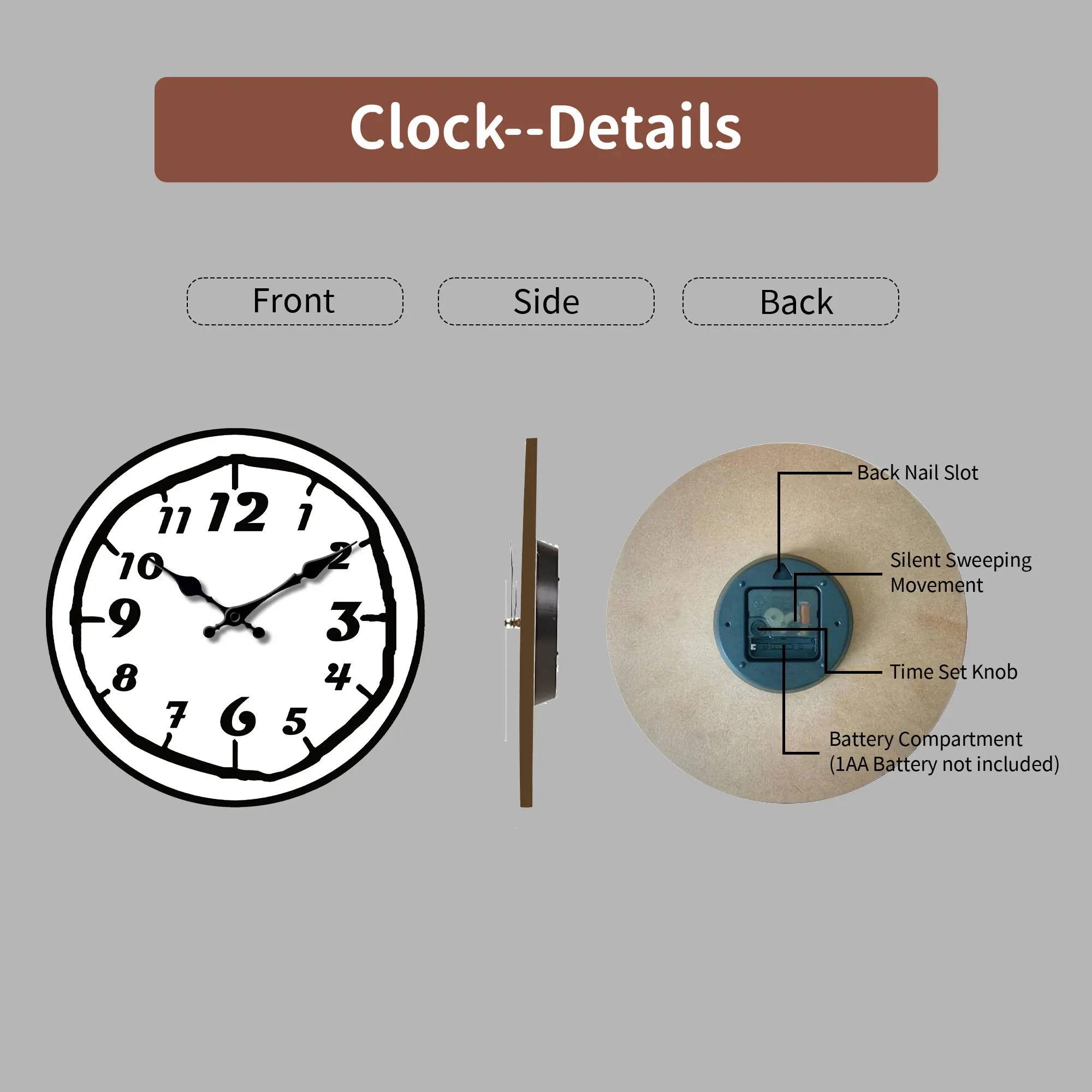 1pc wooden wall clock, modern simple Arabic art digital design wall clock, home mute for living room bedroom, room decora