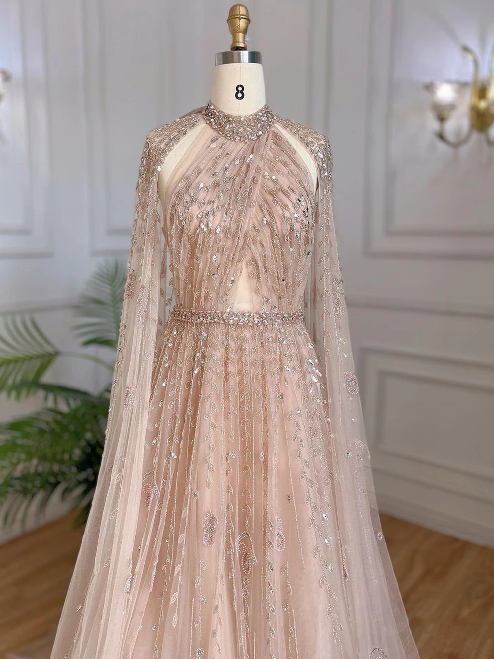 Serene Hill Dubai Arabic Luxury Nude A Line Beaded Evening Dresses With Cape Sleeves Gowns For Women  Wedding Party 2023 LA71803