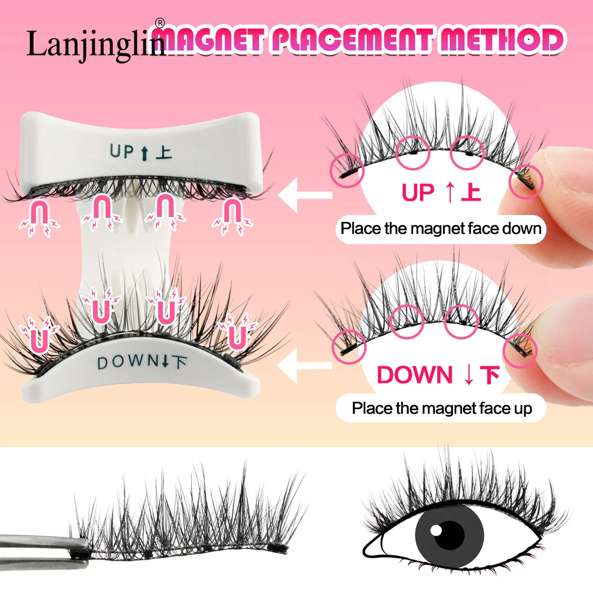 Lanjinglin 5 Styles Reusable False Eyelashes 1 Pair Magnetic Eyelashes Handmade 3D Natural and Magnetic Tweezers Set