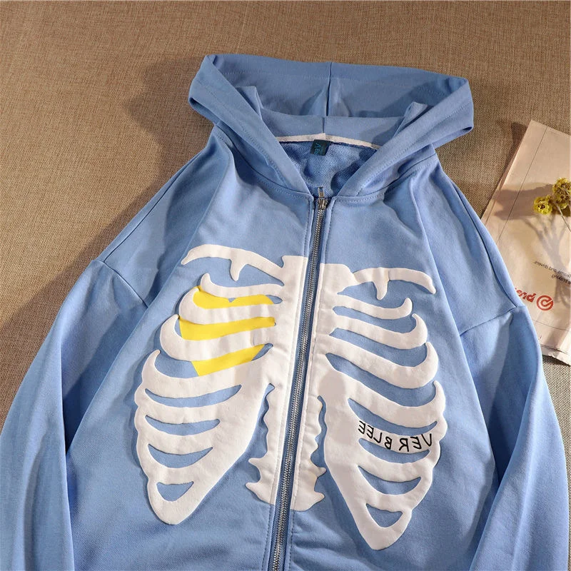 

Harajuku Korean Style Loose Skeleton Zip Up Hoodie Goth Grunge Long-Sleeved Hooded Jacket Retro Black Oversized Sweatshirt Y2K