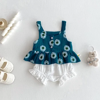 Summer baby girl's Daisy printed suspenders top + lace shorts set - Sweet printed 2-piece set