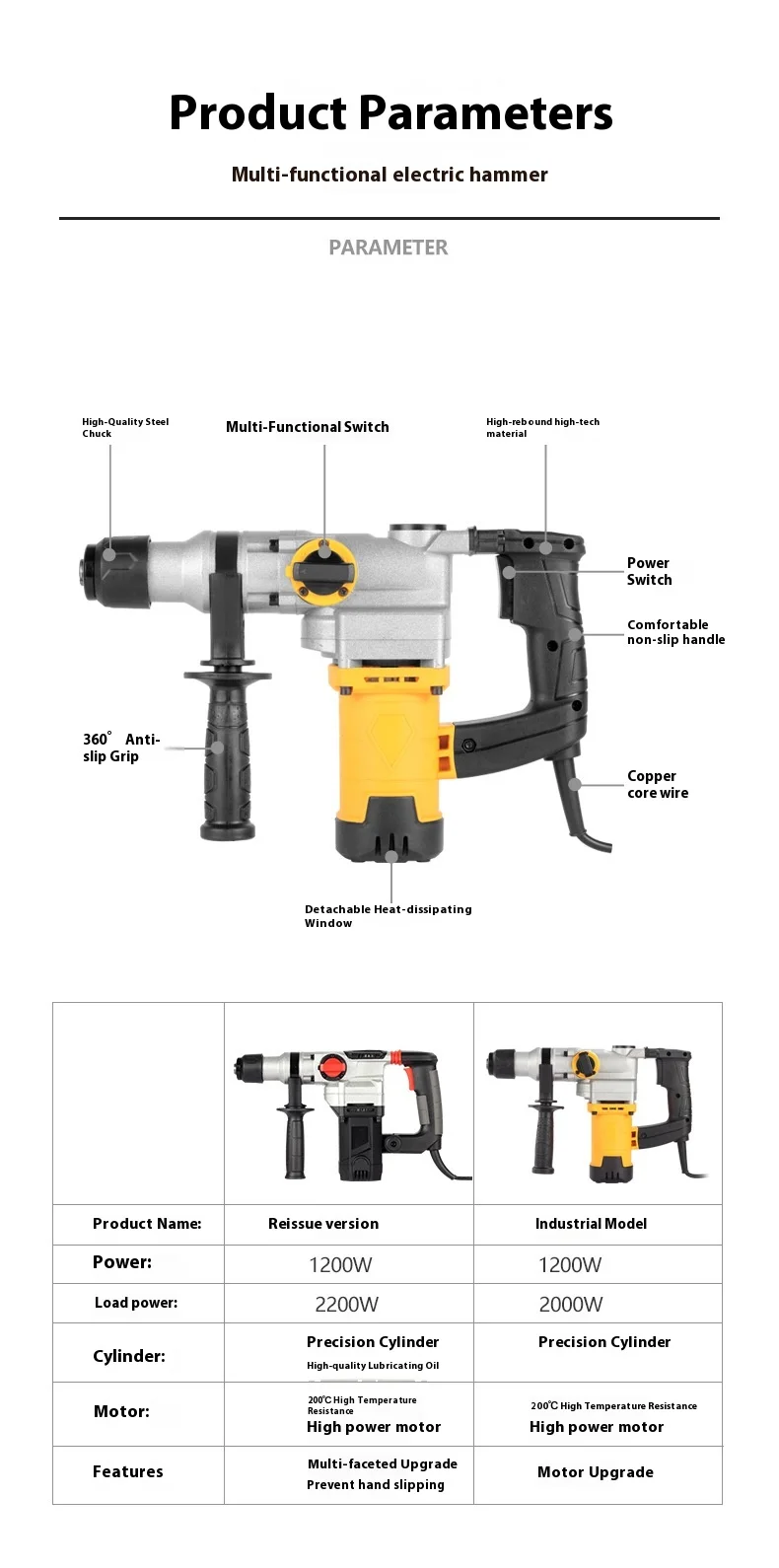 Multi-function Impact Drill Household Electric Hammer and Pickaxe All Copper Mot