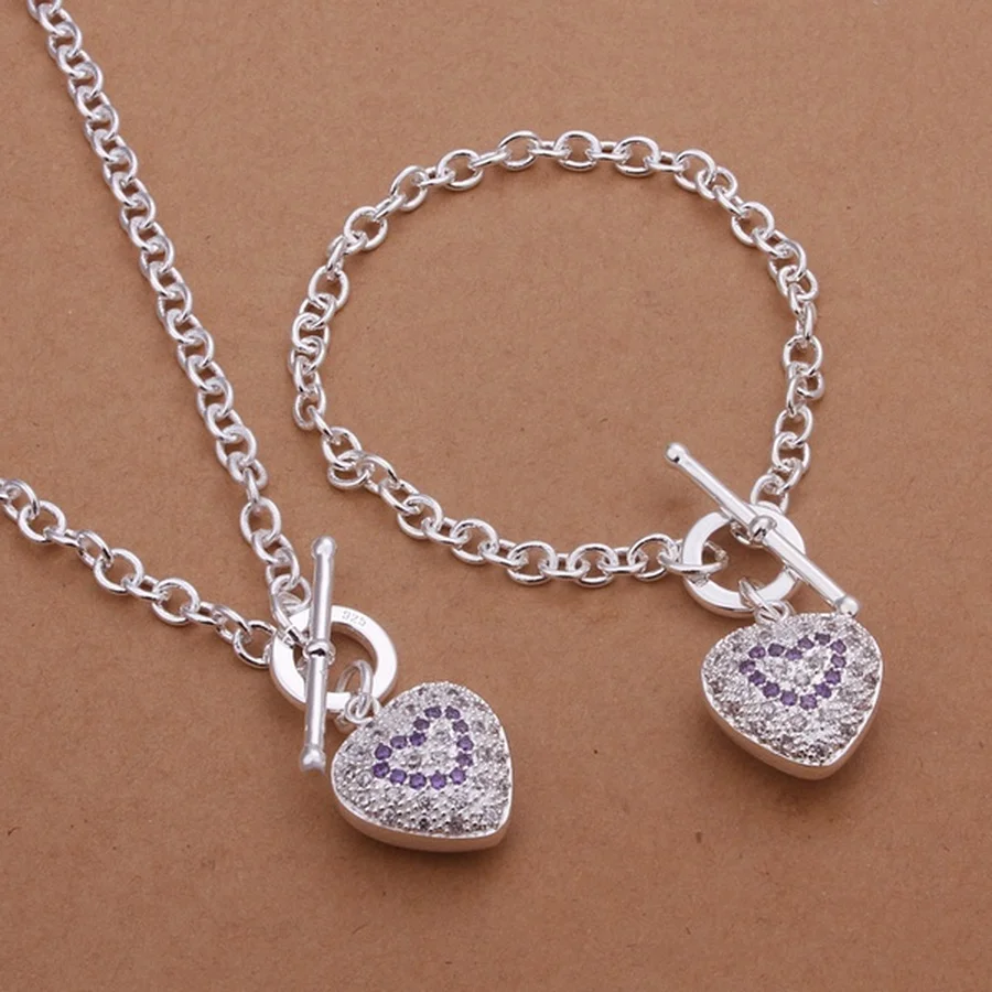 

925 Color Silver Valentine's Day gift noble cute women lady zircon crystal heart pendant necklace bracelet charm Jewelry Set