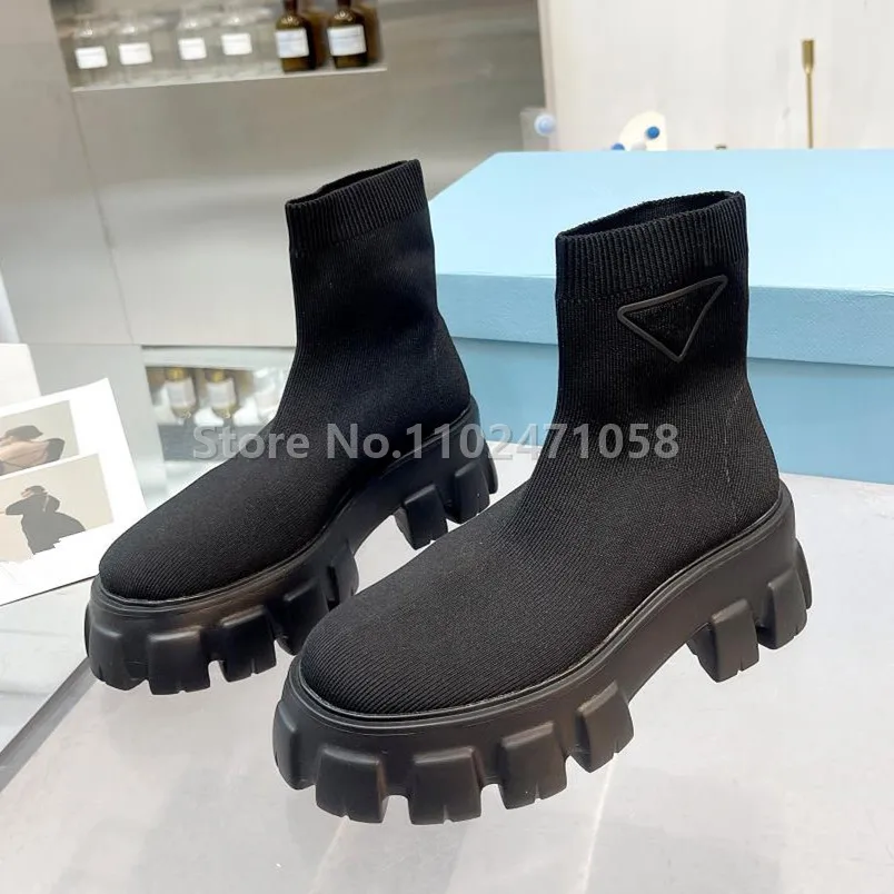 

Classical Black Stretch Boots Round Toe Chunky Bottom Height Increasing Women Mid-Calf Boots Fashion Party Ladies Dress Shoes