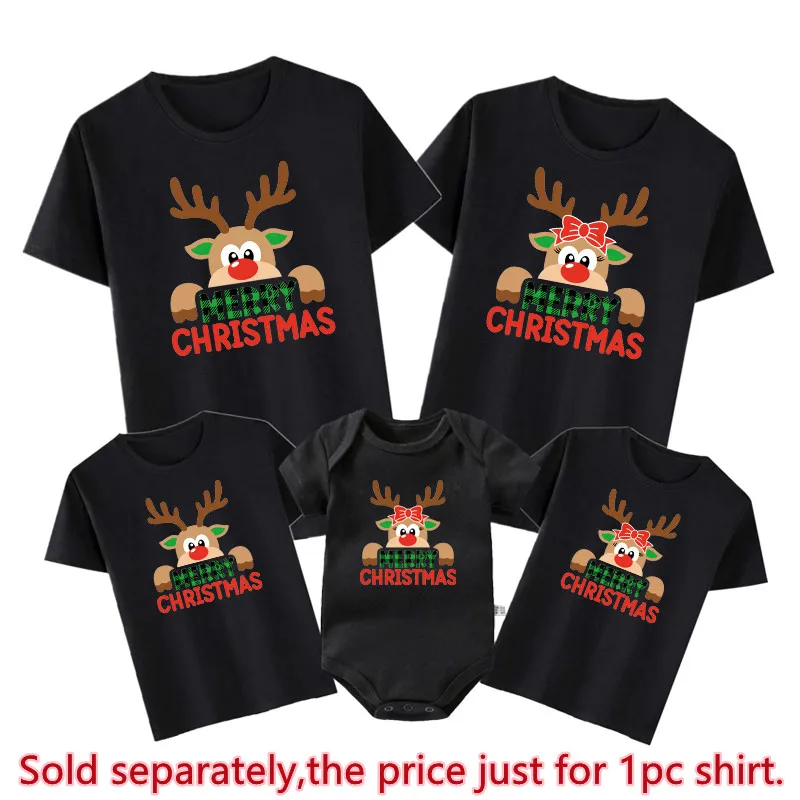 Nuevas camisetas familiares a juego con renos y Feliz Navidad, de algodón, para papá, mamá, niños, fiestas navideñas, trajes de Año Nuevo