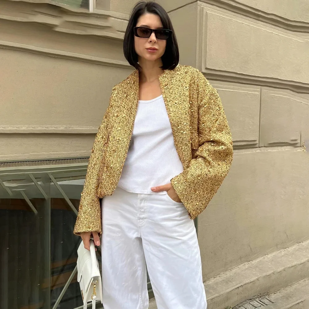 Veste à paillettes brillantes pour femmes, manteau court à manches longues, col montant, document en or Y2k, streetwear haut pour dames, mode automne et hiver