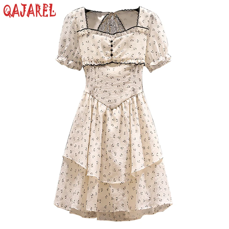 

Summer White Print Chiffon Puff Sleeve Mini Dress 2024 Women Korean Fashion Elegant Ruffled Square Collar Backless Sexy Dresses