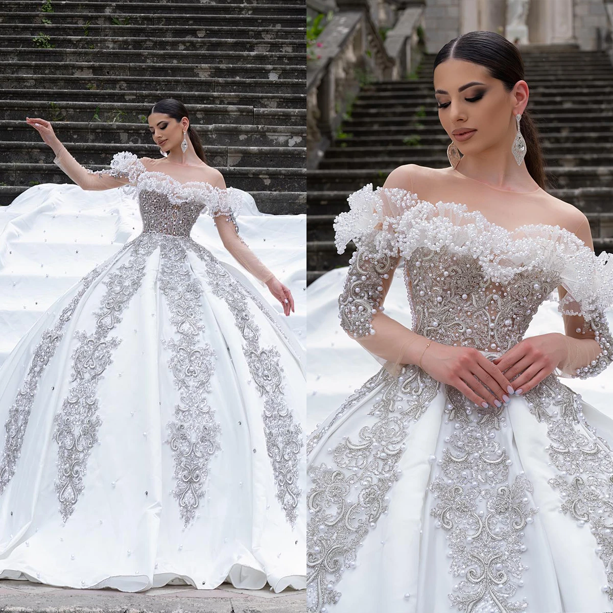 

Luxury Wedding Dress Strapless O-Neck Ball Gown Off Shoulder Pearls Beading Applique Long Sleeve Vintage Bridal Dresses