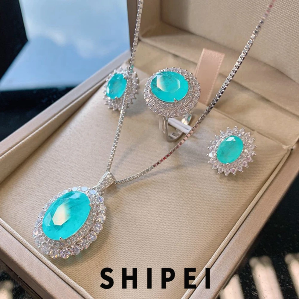 

SHIPEI Vintage 925 Sterling Silver Oval Paraiba Tourmaline Sapphire Ruby Emerald Rings/Earrings/Pendant/Necklace Jewelry Set