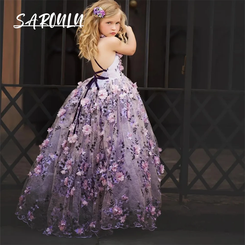 Gorgeous Fluffy Flower Girl Dresses With 3D Floral Applique V-Neck Lace-Up Backless Girls Birthday Dress Lovely Girls Pageant Dr