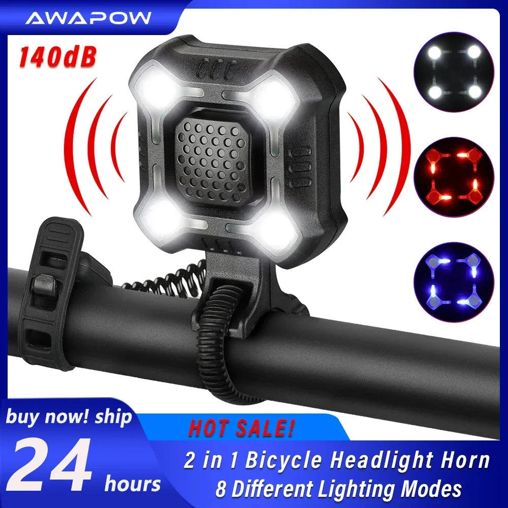 Bike electronic bell 140dB alarm horn with USB charge LED warning lamp for cycling headlight enhances safety while riding