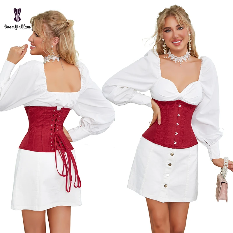 5 Brooches Brocade Gothic Corselet Chest Binder Busier Shaper Plus Size XXS-6XL14 Steel Bone Waist Trainer Corset Red For Women