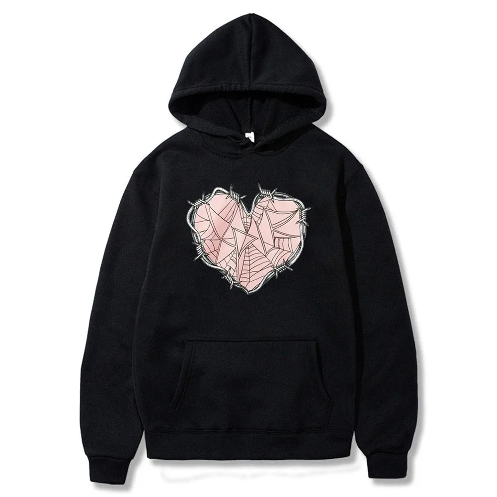 Sam and Colby-Couples Web Heart Print Sweatshirt, Popular Hoodies, Streetwear Y2K, Hooded Pullovers, Autumn Fashion, XplR 2024