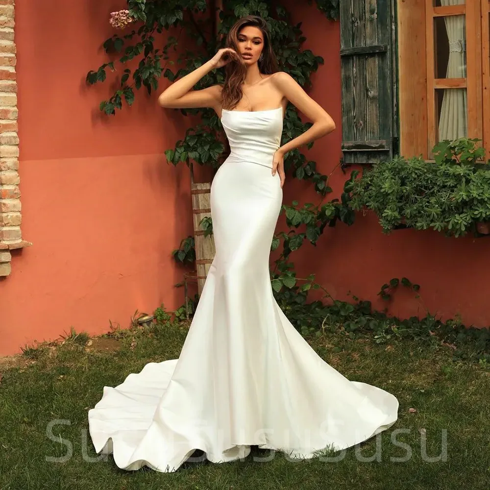 

Sexy Backless Simple Satin Mermaid Wedding Dresses Strapless Trumpet Bridal Gowns Brides Dress Chic Robe De Mariee Customize