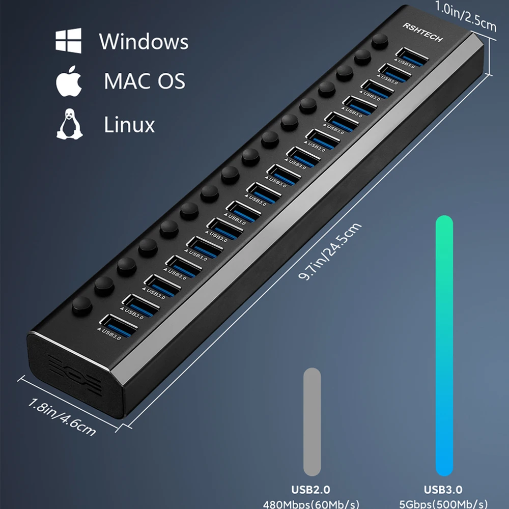 RSHTECH 100W Powered USB 3.0 Hub 16 Port Expander 5Gbps USB Splitter with Switches Power Adapter for Laptop Accessories MacBook 6