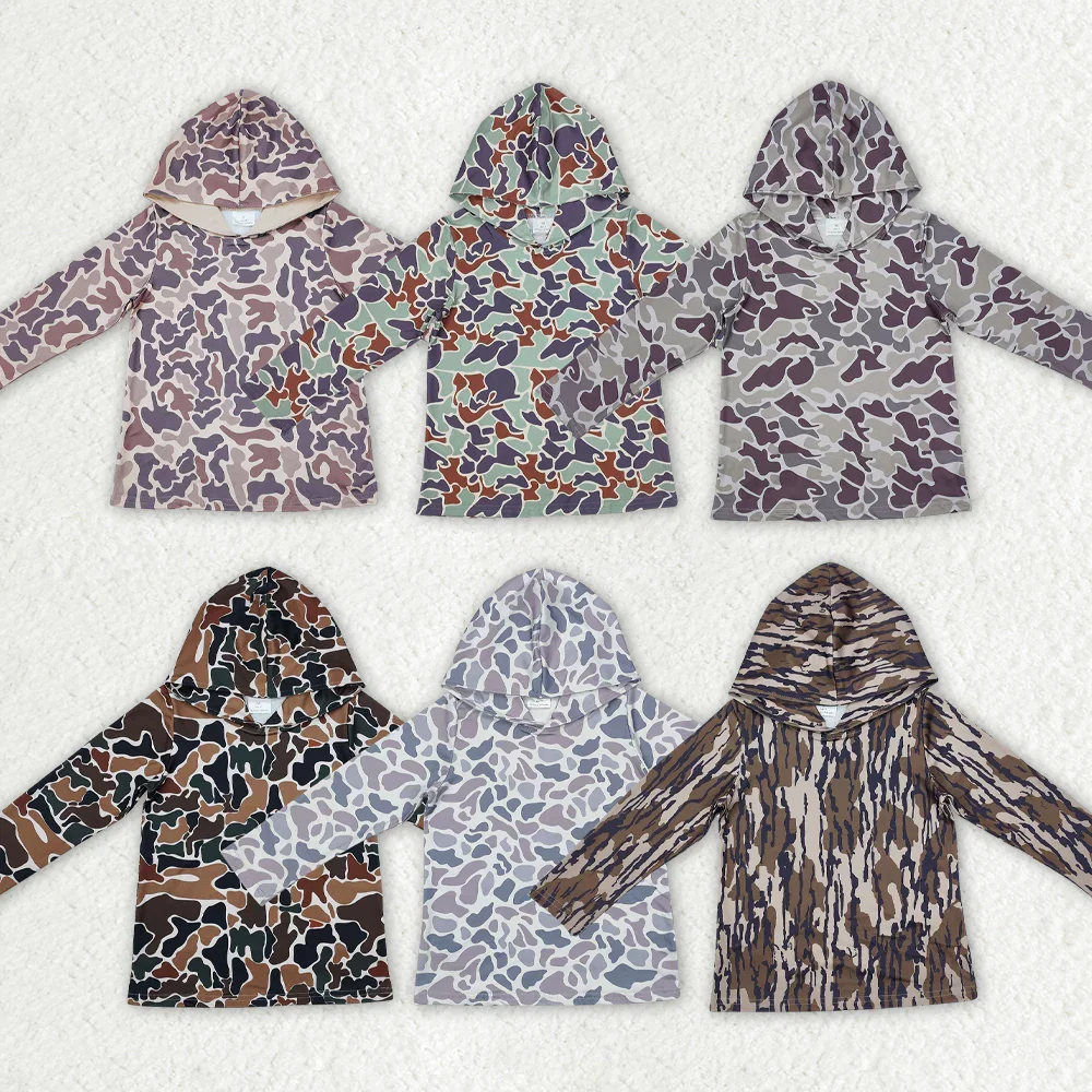 BT0922 baby boy clothes Camouflage gray blue hooded long sleeve top Summer Boutique kids clothes girl top