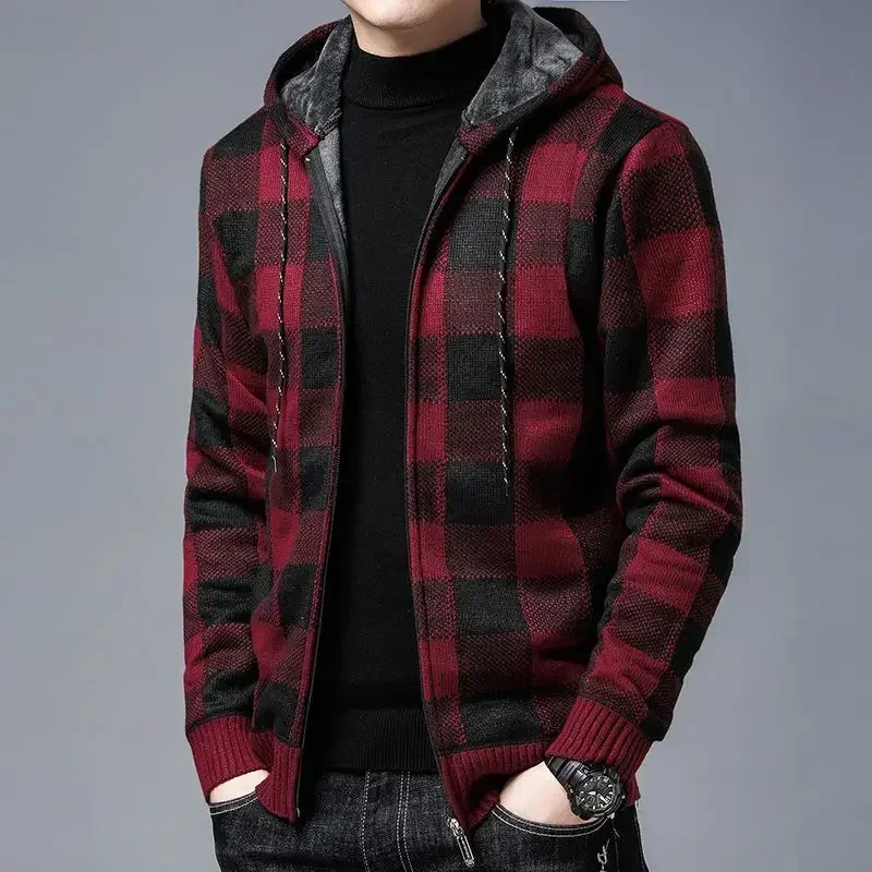 Knitted Sweaters for Men Red Korean Fashion Man Clothes Zip-up Hoodies Coat Cardigan Zipper Jacket Plaid Sweat-shirt Winter 2024