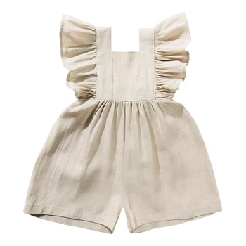 Tutina da bambina in lino con spalline corta 2025 Summer Casual Backless Ruffles Outfit Comodo abbigliamento per bambini 1