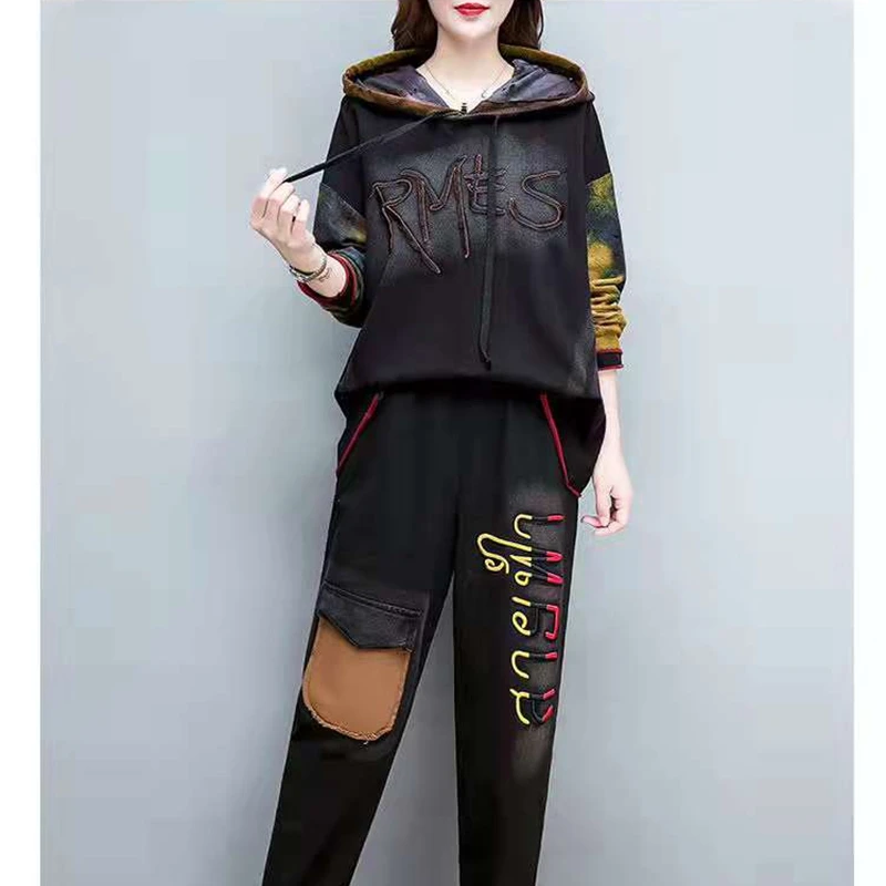 

4XL Korean Fashion Ladies Punk Style Two Pieces Sets Womens Casual Loose Suits Female Cotton Tops And Pants Vintage 2022 XC816