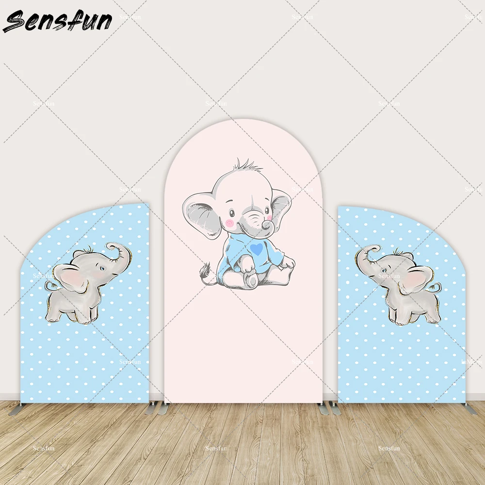 

Baby Elephant Boy Baby Shower Arch Backdrops Cover Chiara Wall Banner Blue Dots Newborn Photography Background for Photo Studio