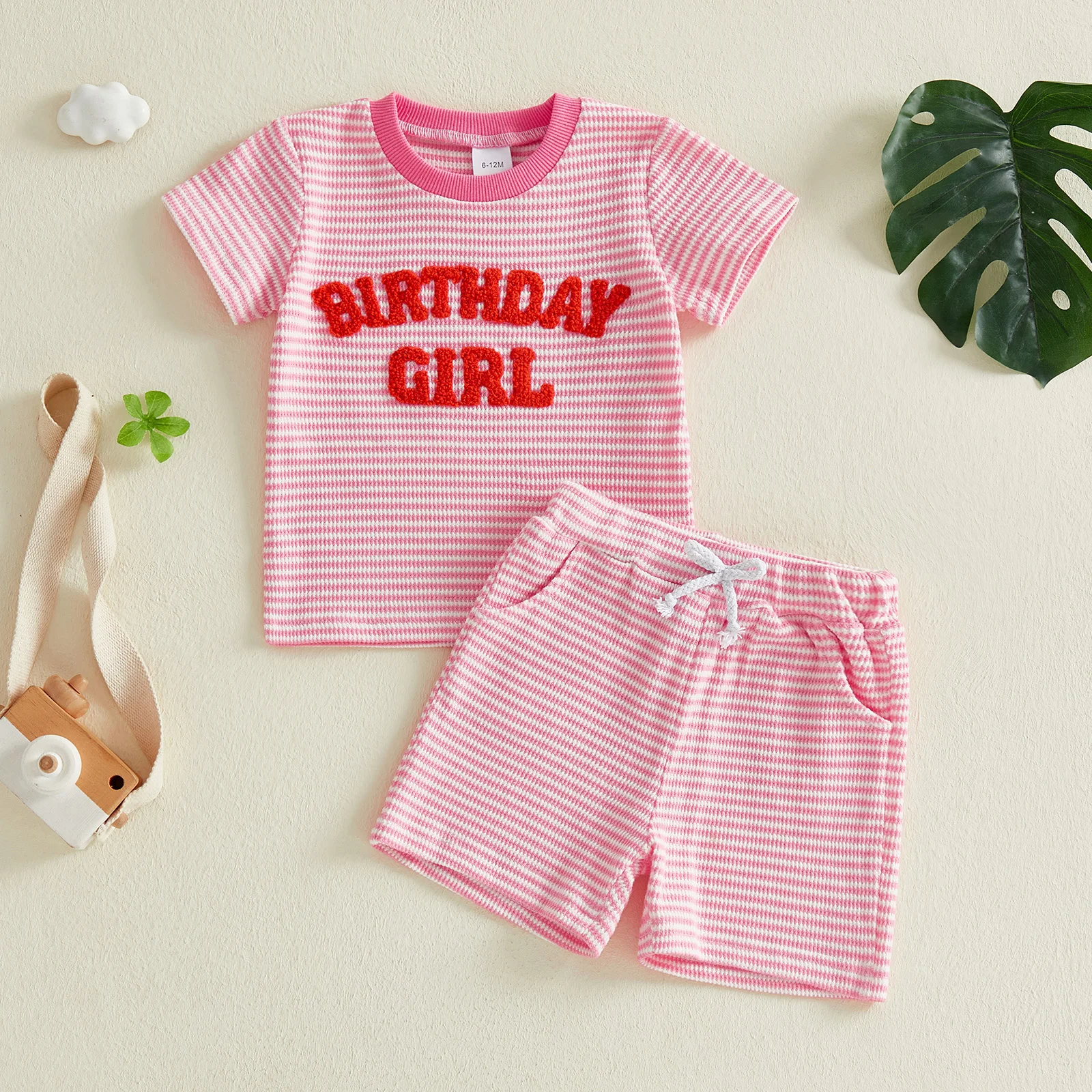 Stylish Girls Birthday Outfit Trendy Letter Embroidered Short Sleeve Top and Striped Shorts Set with Round Neck Design
