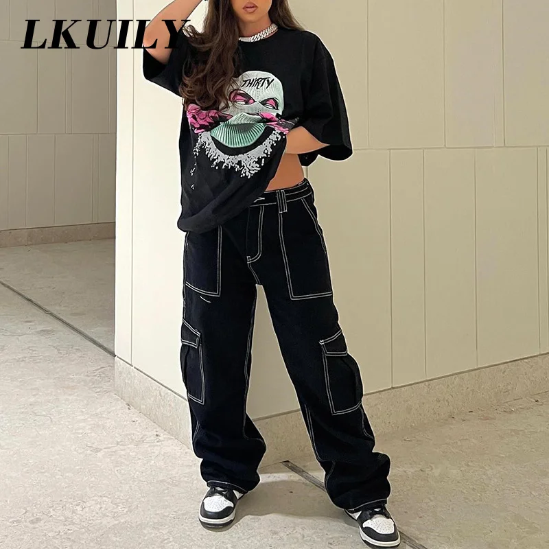 

Vintage Aesthetics Pockets Patchwork Baggy Jeans Fashion Streetwear Women Denim Trouser Loose Cargo Pants Korean Jeans Harajuku
