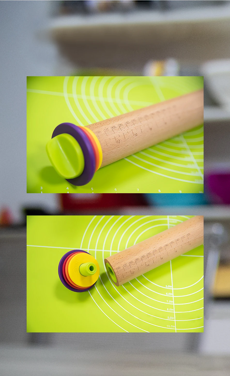 17-inch Adjustable Wood Rolling Pin With Scale and Detachable Rings Dough Roller for Pasty Pizza Pie Crust Bread Pastry Tools