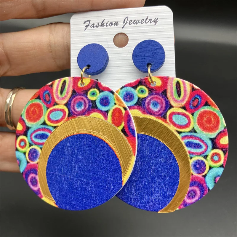 Ethnic Exaggerated Round Printed Colorful Wooden Earrings for