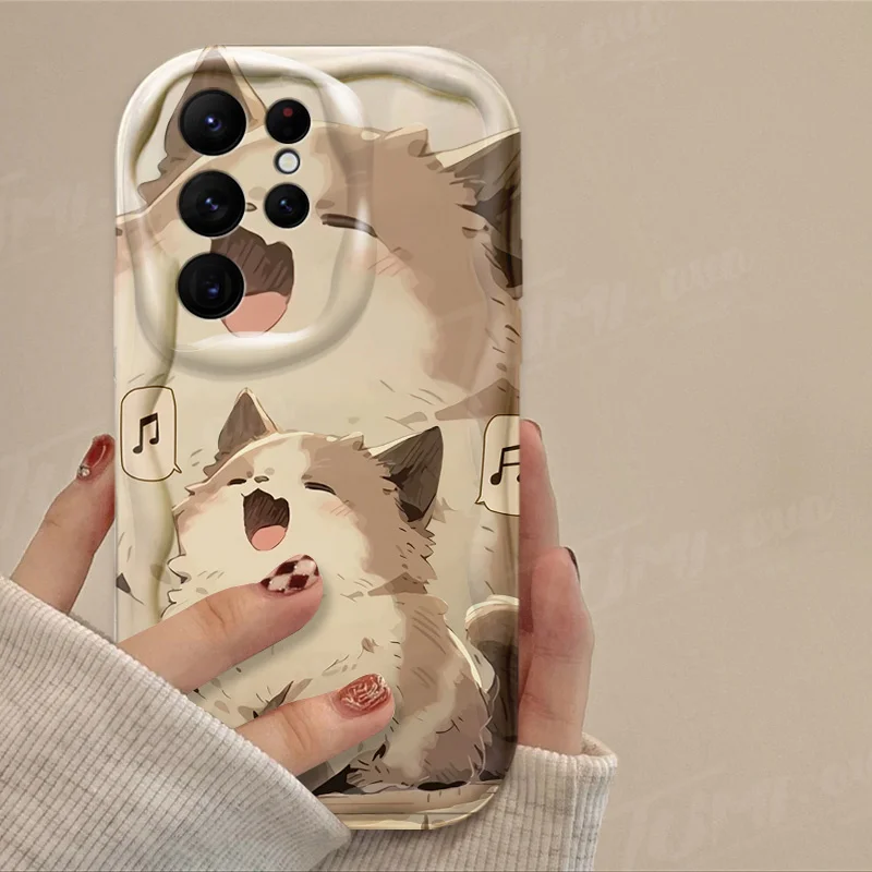 Lovely Music Cat 3D Wave Case For Samsung Galaxy S24 Ultra S23 S22 Plus S21 S20 FE A25 A55 A35 5G Shockproof Silicone Back Cover_voghion.com