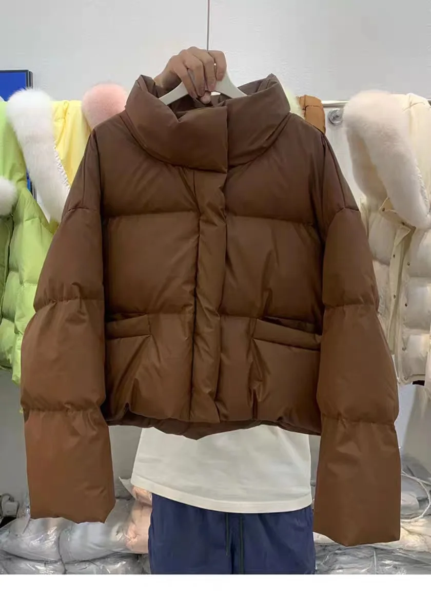 

Пуховик из искусственной кожи женское короткое зимнее пальто с воротником-стойкой