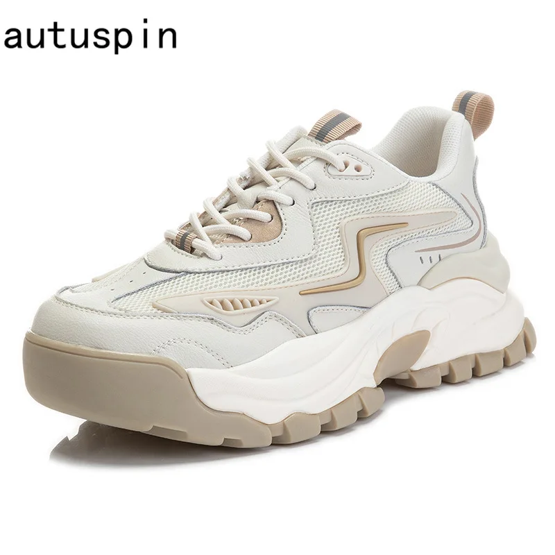 Autuspin 2022 Spring Women Sneakers High Quality Cow Leather and Mesh Splicing Casual Sports Shoes Woman Outdoor Daily Footwear |