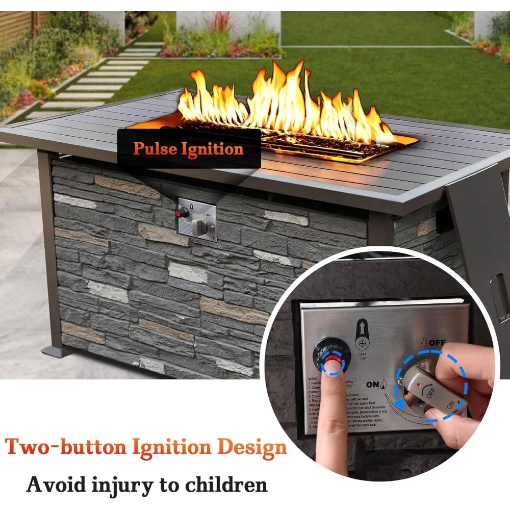 48 INCH Propane Fire Pit Outdoor Fire Table w/Faux Ledgestone Base, 50,000 BTU Gas Pit Table w/Aluminum Top,