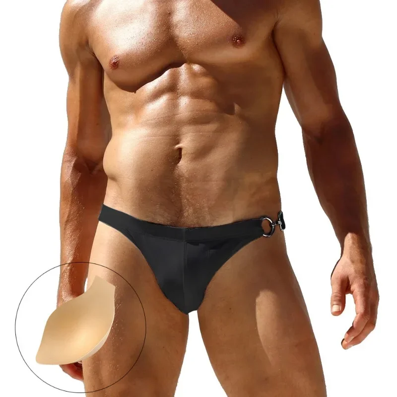 Fashion Unilateral Metal Buckle Swimwear Men Sexy Swimming Trunks Sport Board Beach Shorts Swimsuit Surfing Bathing Suits