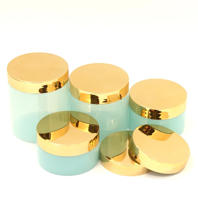 

24Pcs Light Blue Wide Mouth Bottle 100g 120g 150g 200g 250g Empty Cream Pot Plastic Jar Glossy Gold Lid Containers For Cosmetic