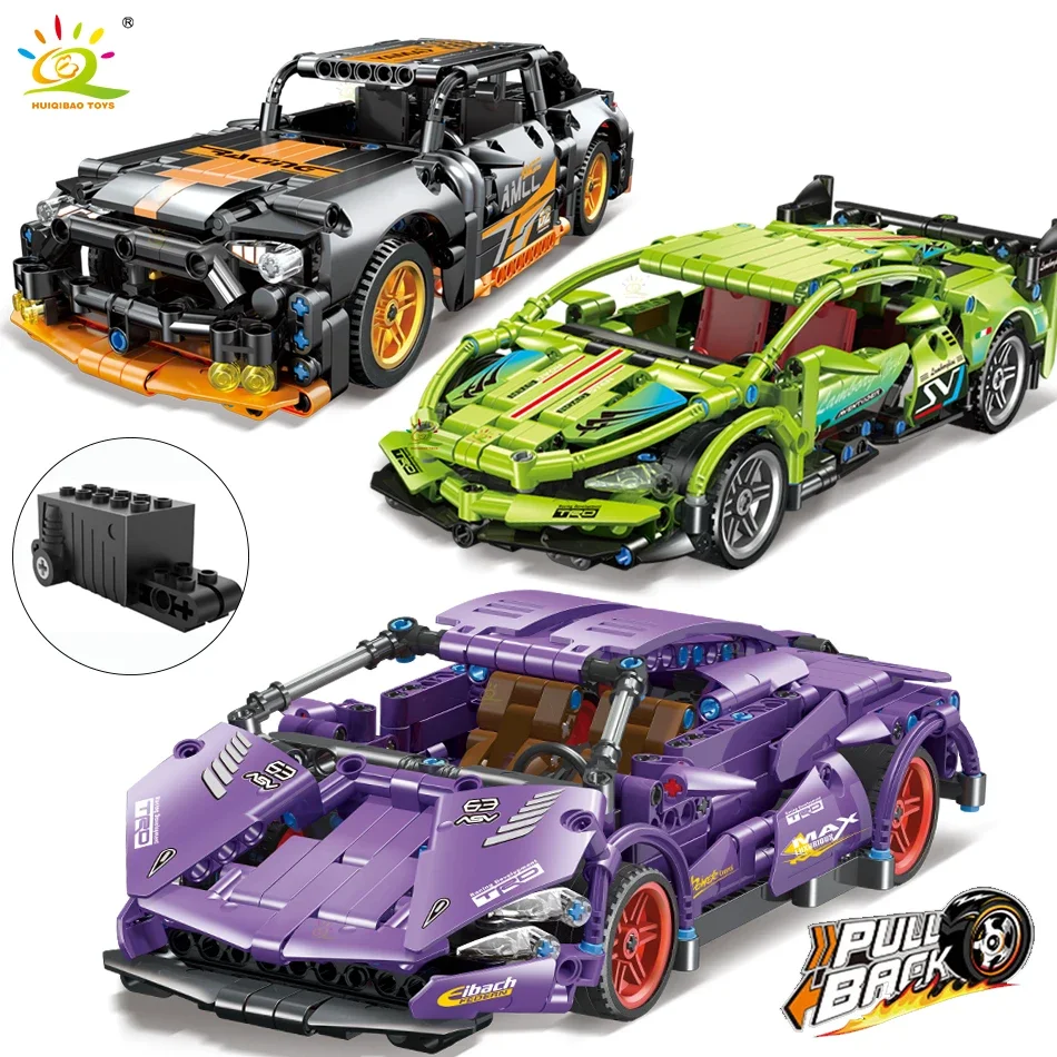 HUIQIBAO Technical 1/18 Super Racing Car Model Building Blocks Automobile Pull Back MOC Vehicle Bricks Children Construction Toy