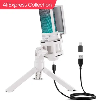 AliExpress 컬렉션 Zealsound USB 콘덴서 녹음 마이크, 화이트 RGB 스트리밍 마이크, PC 및 Mac용, 안드로이드 폰