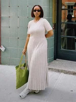 Ladies Knitted Short Sleeve Pleated Long Dress Fashion Spring Summer Women Dress Hip Package O Neck Female Vestidos - Image 3