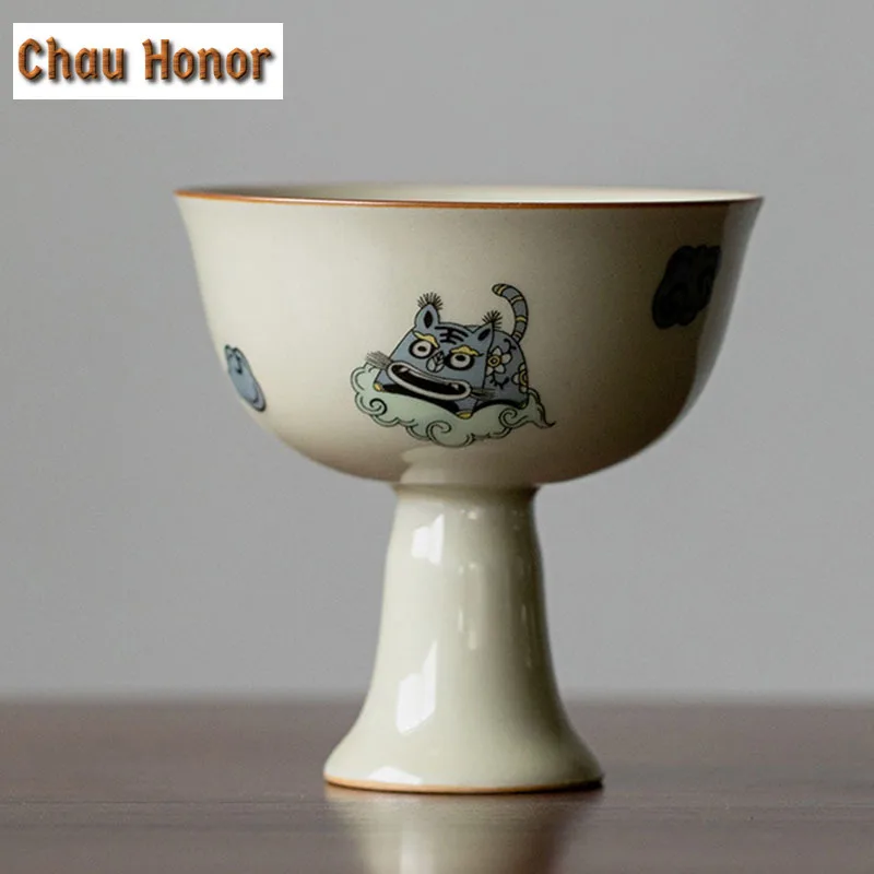 2pc/set 70ml Boutique Honey Galze Tiger Art Ceramic Tea Cups Chinese Style High Foot Master Cup Kung Fu Teaware New Years Gifts