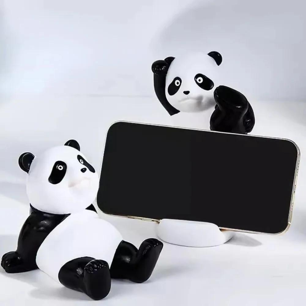 Cute Panda Figurine Cartoon Universal Cell Mobile Phone Stand Holder Modern Resin Sculpture Statue Home Office Desk Decor
