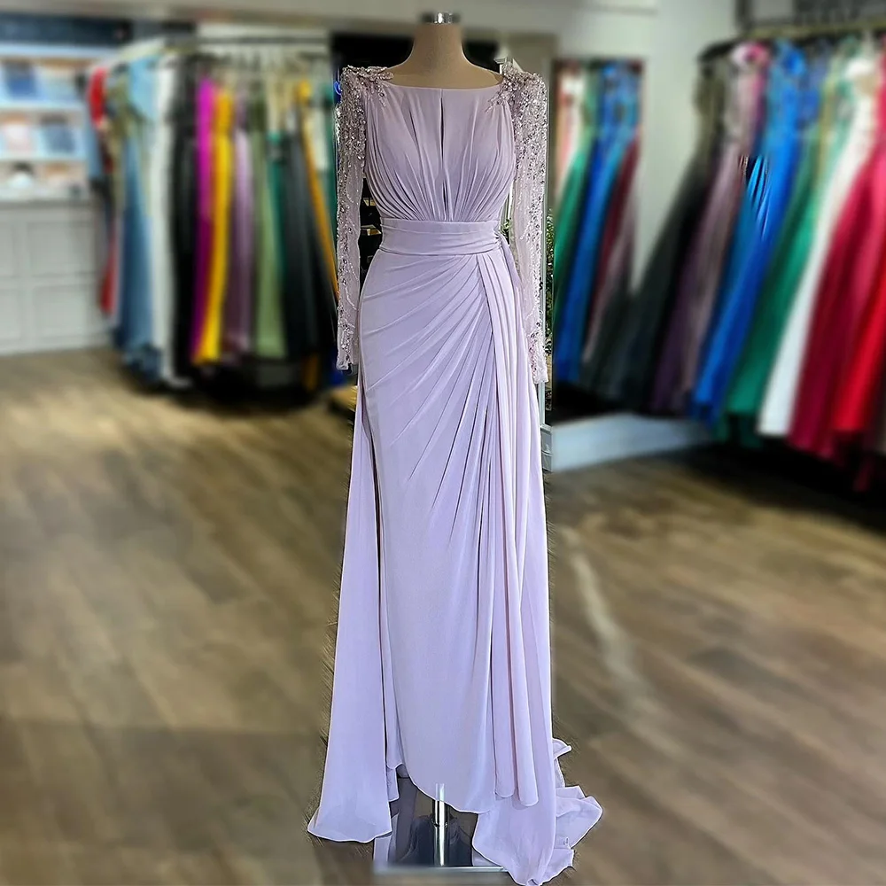 Mother Bride Dresses Lilac Mother of the Bride/Groom Dresses Long Sleeves Beaded Luxury Women's Wedding Guest Gowns Scoop Split Formal Evening Dress