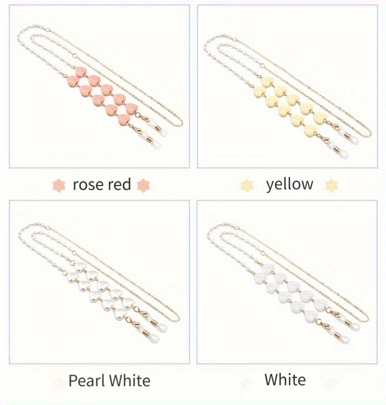 1er-Pack bunte herzförmige Brillenkette, Perlen-Herz-Maskenkette, Kopfhörerhalter, rutschfeste Verlustprävention, Brillenzubehör – Detail 4