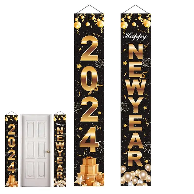 

Happy New Year Door Banner 2024 Happy New Year Porch Sign Hang Banner New Year Eve Decorations for Farmhouse Holiday Indoor