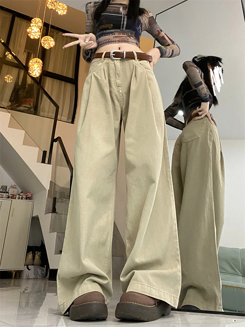 QWEEK Y2K Vintage Khaki Baggy Jeans Women Korean Style Basic White Denim Pants Oversized Harajuku Retro Wide Leg Trousers qweek vintage tie dye baggy jeans women washed y2k high waist loose hip hop pants streetwear wide leg casual denim trousers