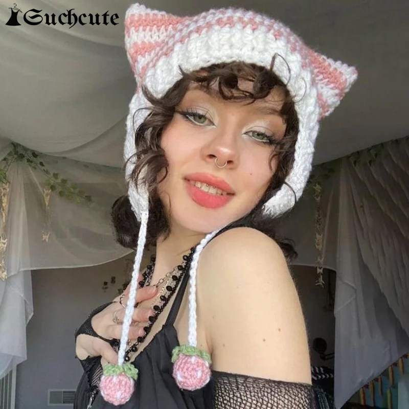 

SUCHCUTE Striped Kpop Streetwear Crochet Beanie Y2K Accessories Knitted Hats Kawaii Cute Harajuku Jerséis Casual Caps Women 2023