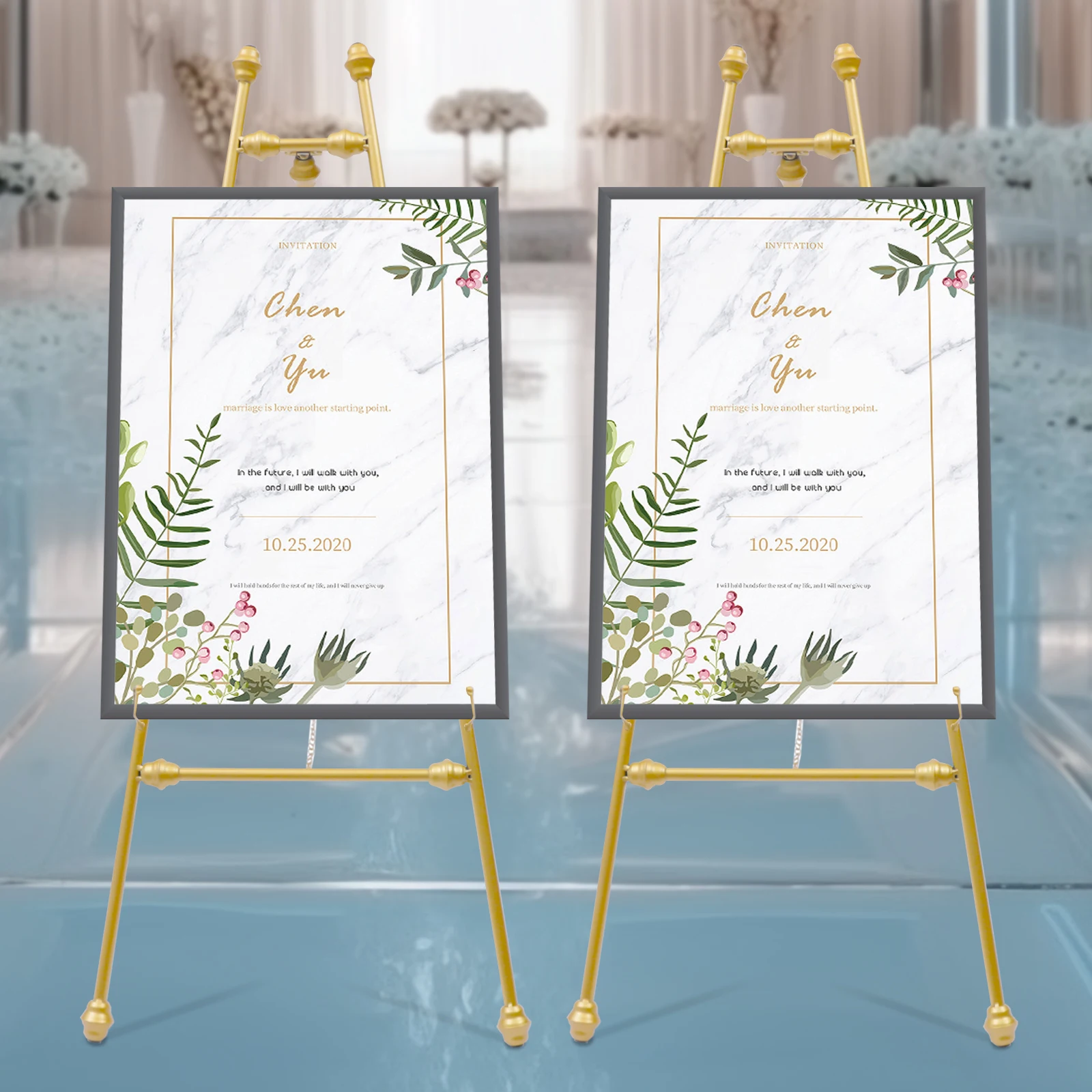2PCS Gold Floor Easel Stands with Adjustable Hook, 5kg Load Bearing Iron Wedding Easel Stand for Shopping Malls Restaurants