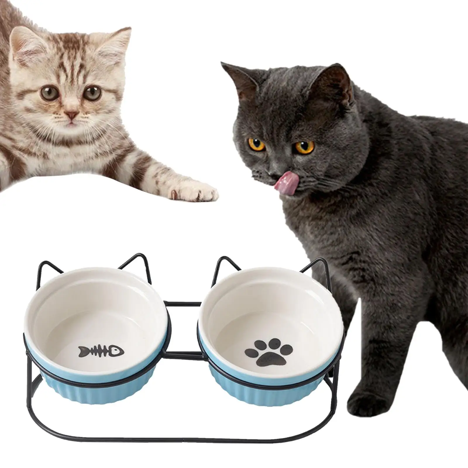 thumbnail image 1 of Cuencos retro para gatos con soporte elevado y protector de cuello, cuenco de cerámica doble elevado para mascotas, cuencos dobles para comida para perros y gatos, 1 of 4