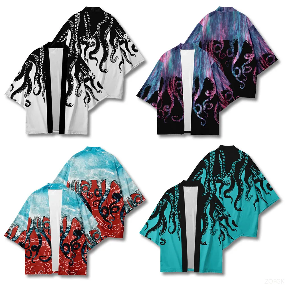 Sommer Octopus Octopus Squid 3D Gedruckt Halbe Hülse Strickjacke Stroh Robe Lose Große Feder Weben Mantel Kimono – Detail 2