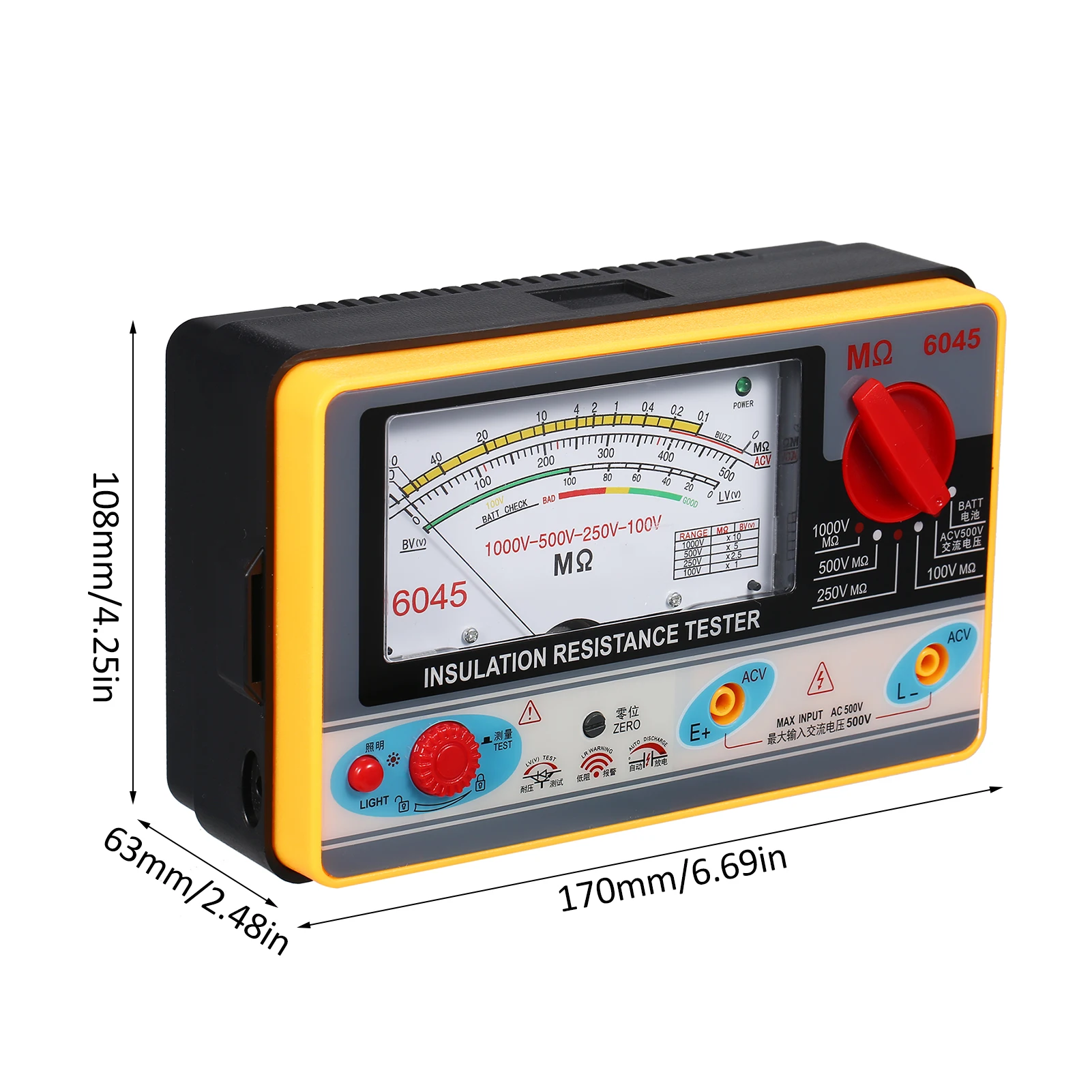 디지털 절연 저항계 메거 절연 테스터, 메가미터, 0-2000MΩ, 100V, 250V, 500V, 1000V