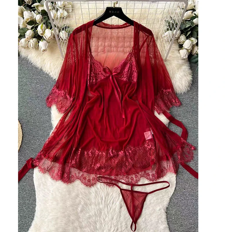 Tempt Sexy Lingerie Lace Mesh Sling Backless Lace Up Slit Shorts Sets Charm Elegant Neck Mounted Top Erotic Flower Decoration