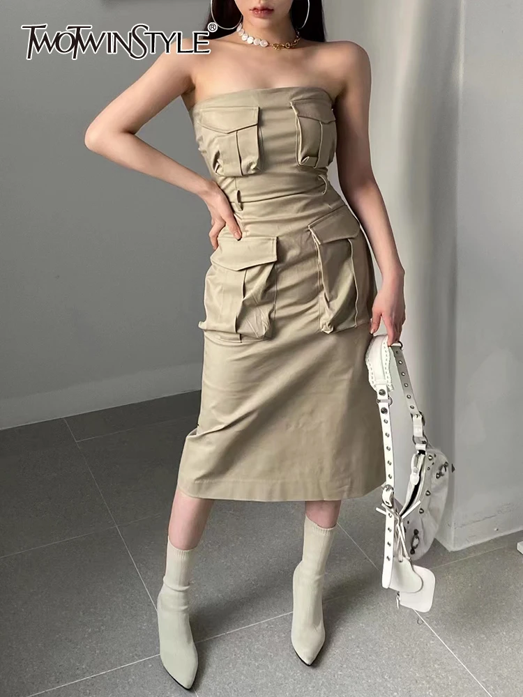 

Женское платье с карманами TWOTWINSTYLE, однотонное Повседневное платье трапециевидной формы без бретелек, без рукавов, с высокой талией, 2023